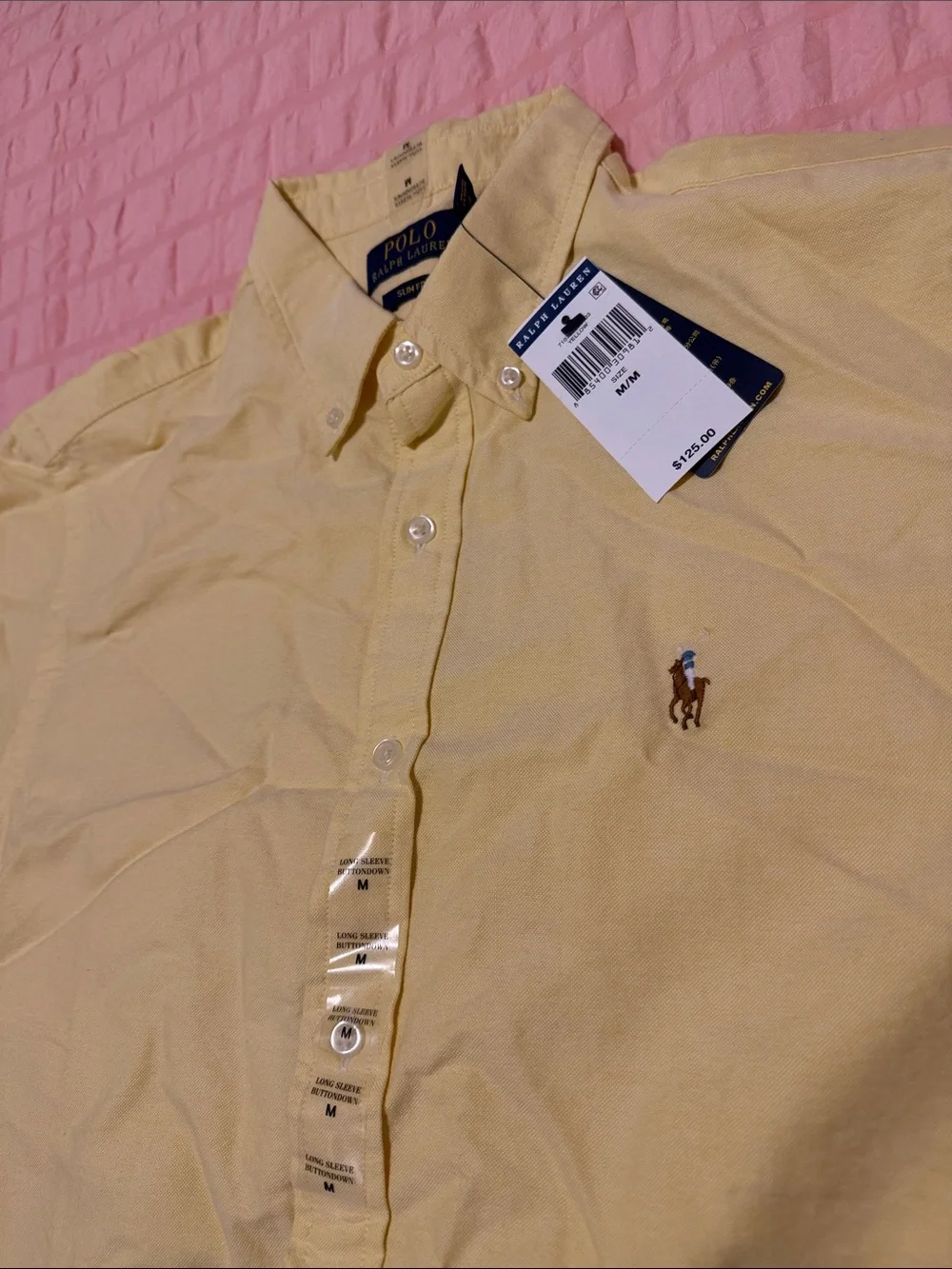 Polo by Ralph Lauren Men’s Pale Yellow Button-Down Polo Shirt - Long Sleeve